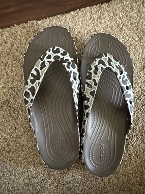 CROCS Leopard-Print Flip Sandals in Brown and Cream